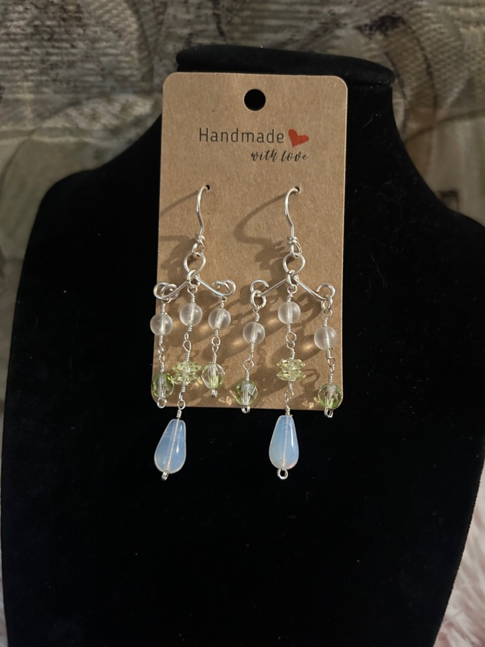 Handmade Silver Dangle Earrings with Blue Teardrop and Light Green Beads